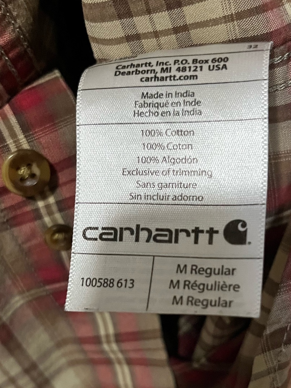 Medium Carhartt Men’s Red Tan Brown Plaid Button-Down Shirt - Picture 5 of 5